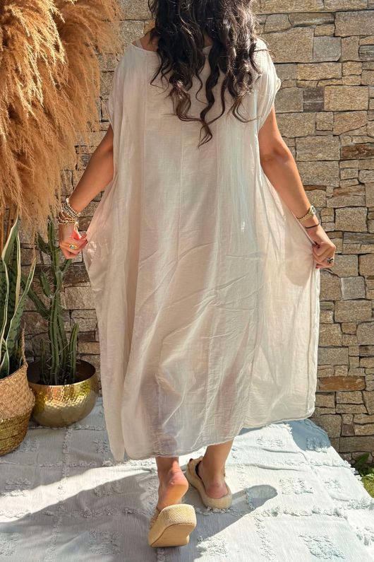 Made in Italy Sa Caleta Cotton Cap Sleeve Pocket Midaxi Dress Stone